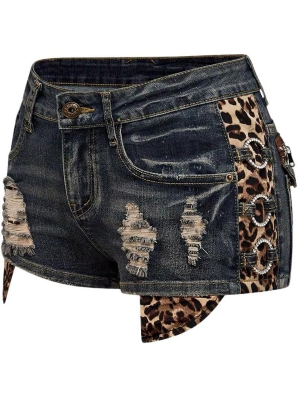 Y2K Distressed Cheetah Leopard Denim Mini Booty Shorts for Going Out Outfits